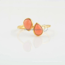 Handmade Coral Chalcedony Gemstone Gold Plated Sterling Silver Ring